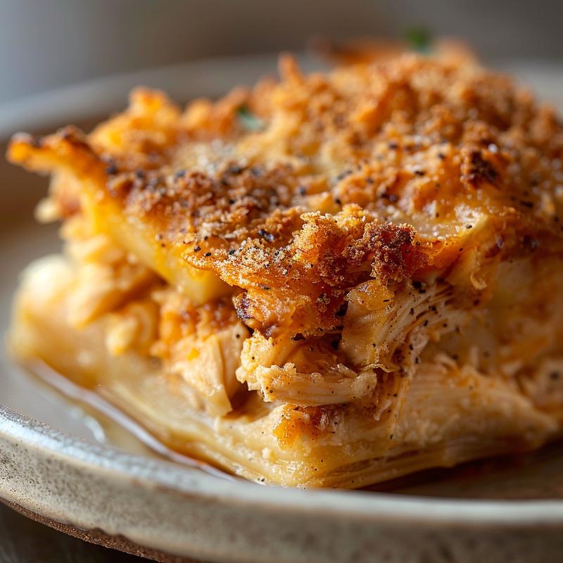 A close-up view of a chicken tamale casserole served on a light grey ceramic plate.