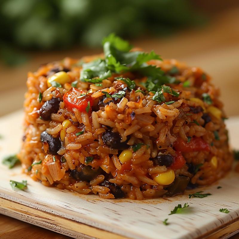 Close-up view of a colorful vegetarian Mexican rice casserole served on a light wood board.