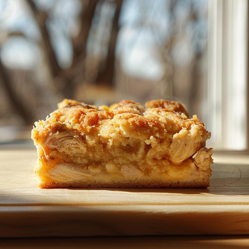 Close-up view of a portion of million dollar chicken casserole on a wooden board.