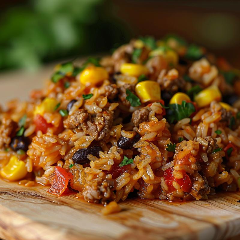Close-up of a colorful portion of Mexican rice casserole on a wooden board.