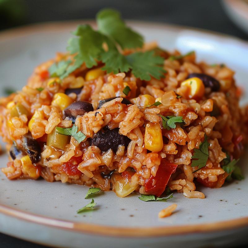 A close-up of a delicious Mexican rice casserole served on a light grey ceramic plate with a textured surface.