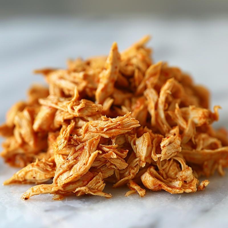 Close-up of succulent Mexican shredded chicken on a marble surface, showcasing its texture.