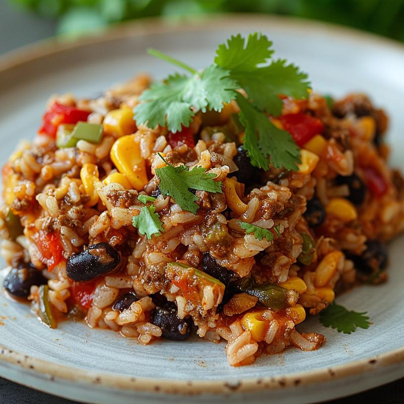 A close-up view of a serving of Tex Mex rice casserole on a light grey plate.