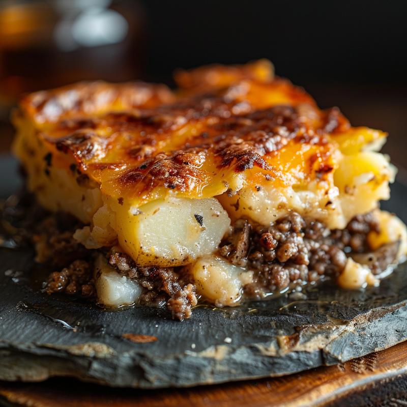 Close-up of a portion of hamburger and potato casserole on a rustic slate plate, highlighting its texture and richness.