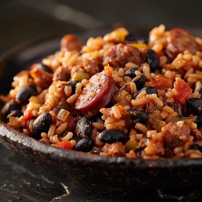 Close-up of a portion of black beans and rice topped with sausage on a dark stone surface.
