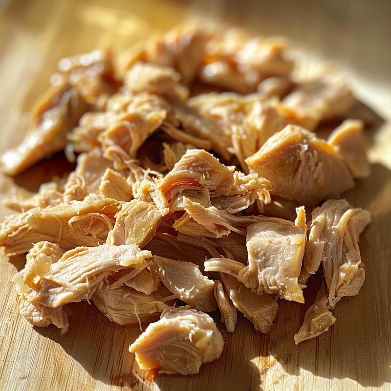 Close-up shot of tender shredded chicken on a wooden board, highlighted by natural light.