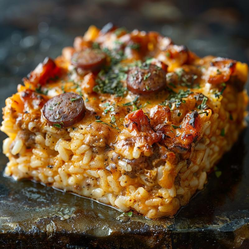 Close-up of a cheesy rice bake topped with loaded Cajun chicken sausage on a dark stone countertop.