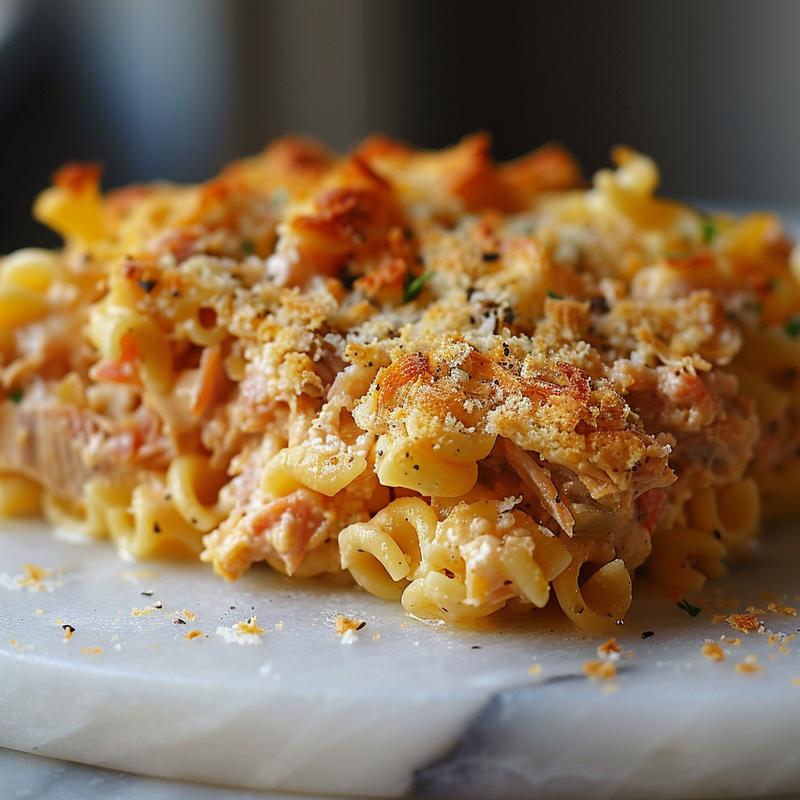 Close-up view of a creamy tuna noodle casserole on a white marble surface.