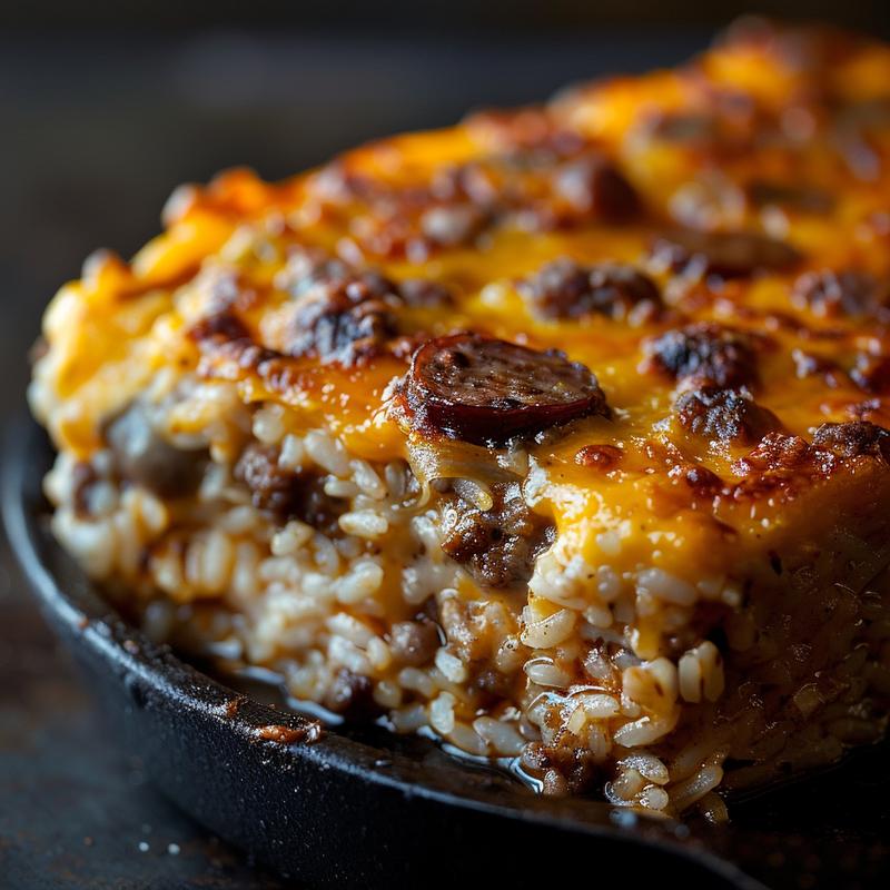 Close-up of a cheesy sausage and rice casserole served on a cast iron surface.