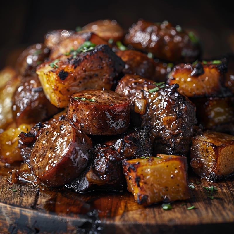 Close-up of sticky beef sausage tray bake on a rustic wooden table with dramatic lighting.