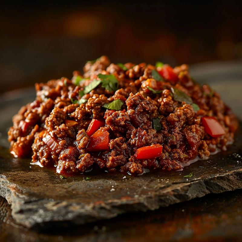 Close-up of a flavorful portion of Mexican ground beef served on a rustic slate plate.