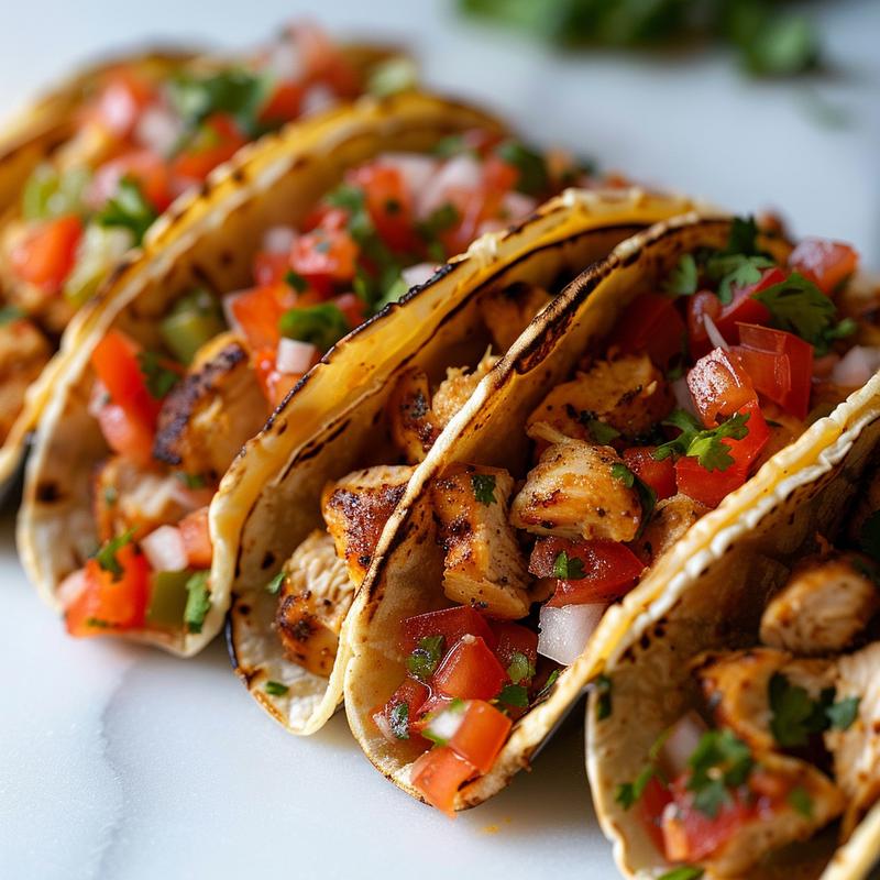 Close-up of high protein chicken tacos on a marble surface with vibrant toppings.
