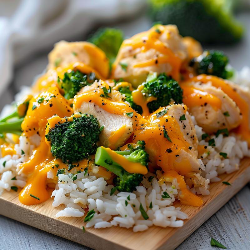 Close-up of cheddar broccoli chicken and rice on a wooden board, showcasing vibrant colors and textures.