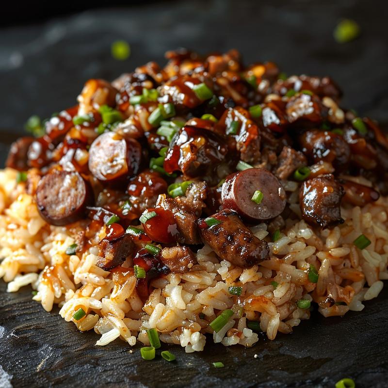 A close-up of a serving of chicken sausage rice with a sweet and tangy BBQ sauce on a dark stone countertop.