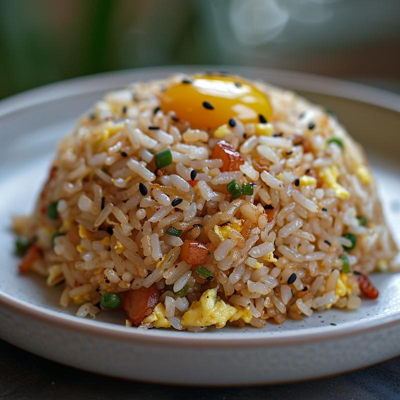 A portion of egg fried rice presented on a light grey ceramic plate, with a focus on the dish's textures.