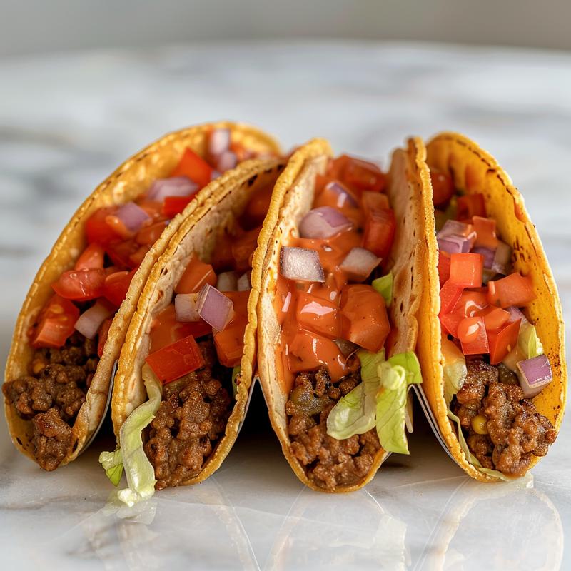 Close-up of a delicious Big Mac taco showcasing layers of beef, lettuce, cheese, and sauce on a white marble surface.