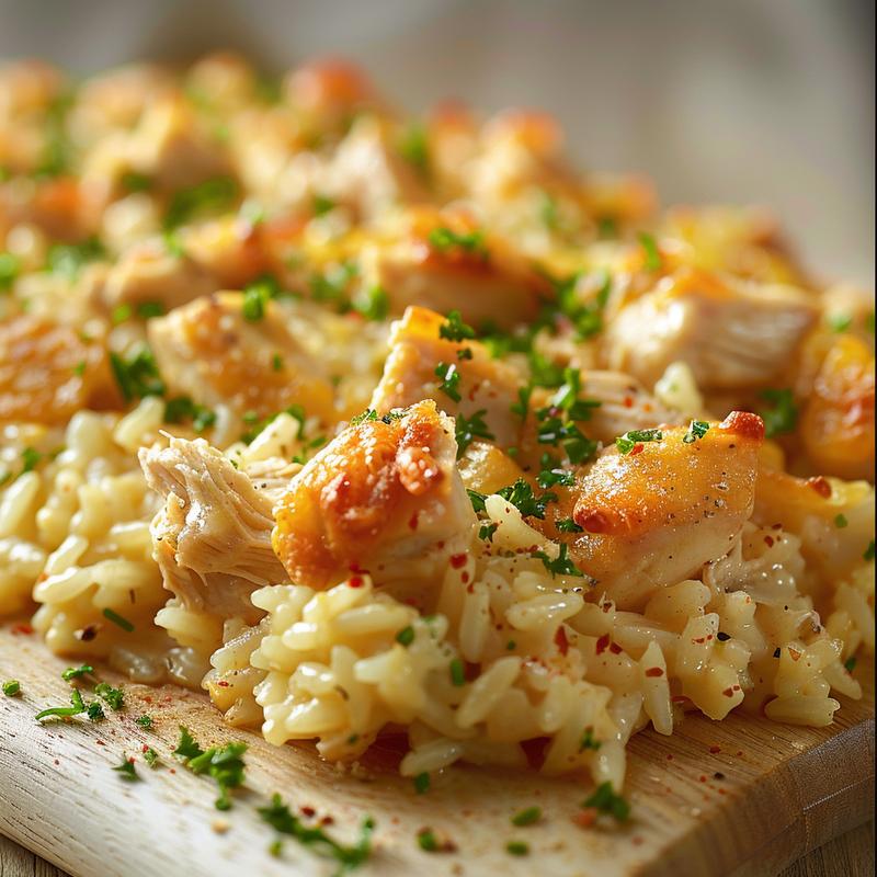 A close-up view of a creamy Ritz chicken and rice casserole on a wooden board.
