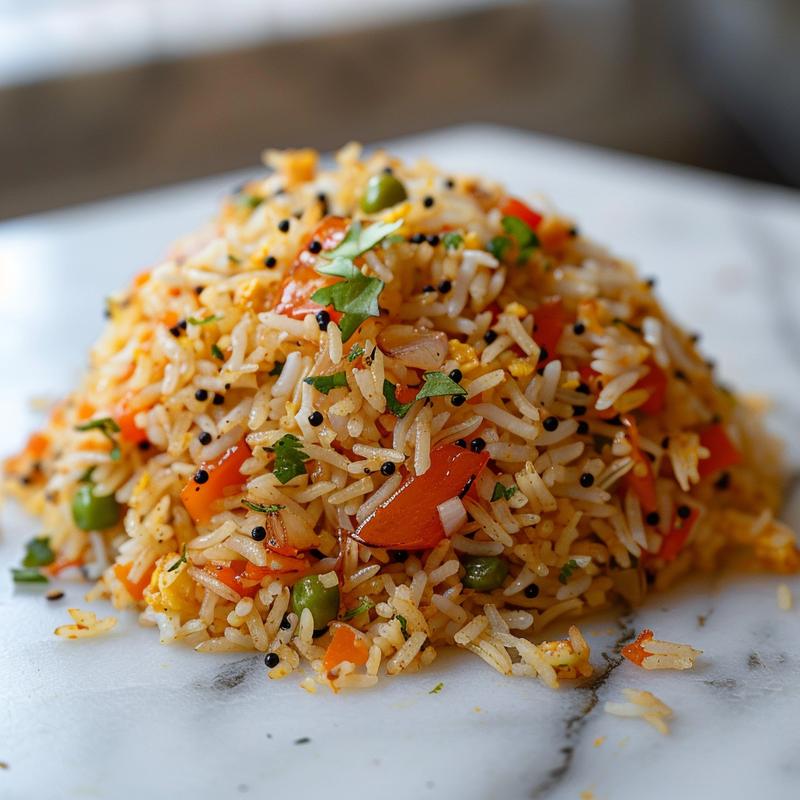 Close-up of a vibrant portion of Indian fried rice on a marble surface.