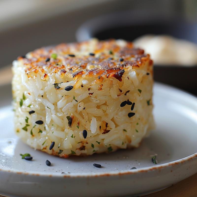 Close-up of a delicious rice patty on a light grey plate, showcasing its texture.