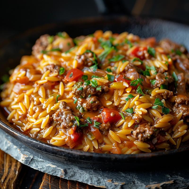 Close-up of a delicious one-pot cheeseburger orzo skillet served on a rustic slate plate.