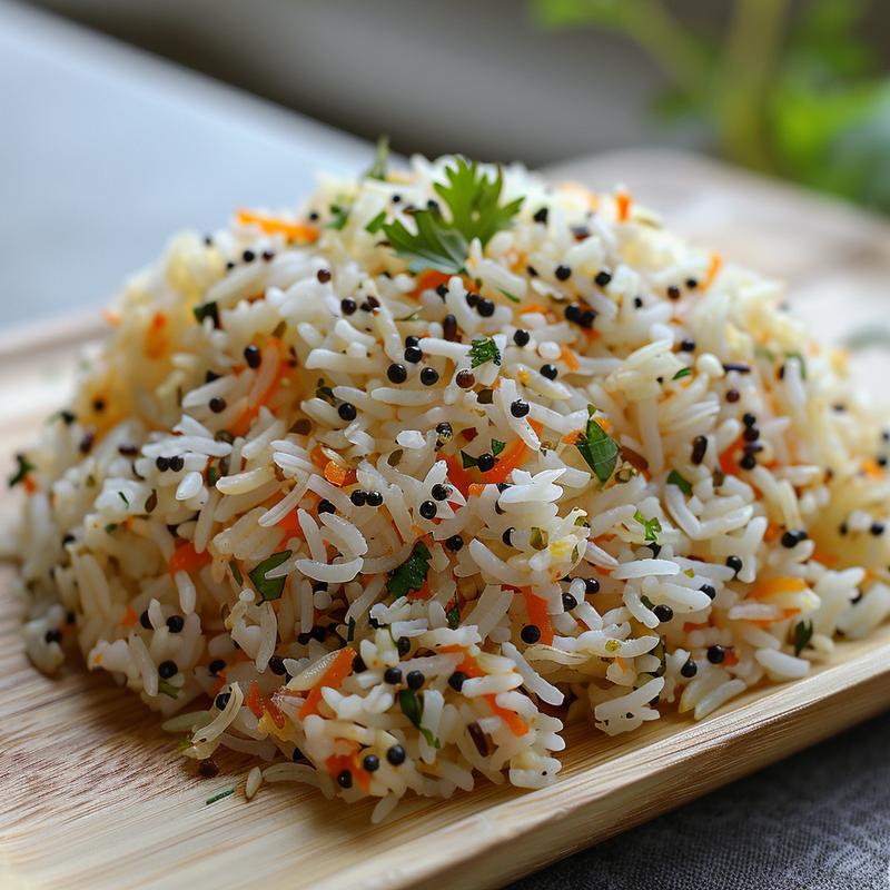 A close-up view of flavorful Indian leftover rice, arranged artistically on a light wood board.