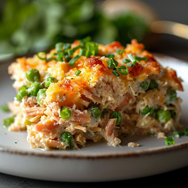 Close-up of a creamy tuna casserole on a light grey ceramic plate.