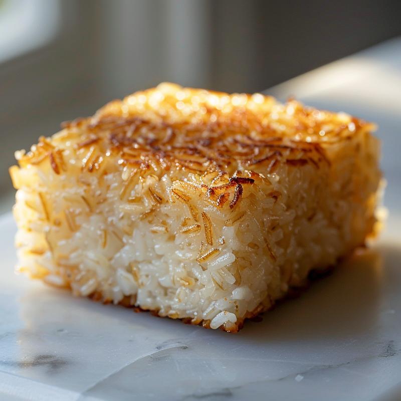 Close-up of golden, crispy rice patties arranged on a white marble surface.