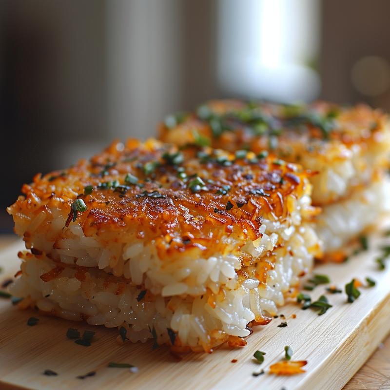 Close-up of crispy rice patties on a light wood board with natural light.