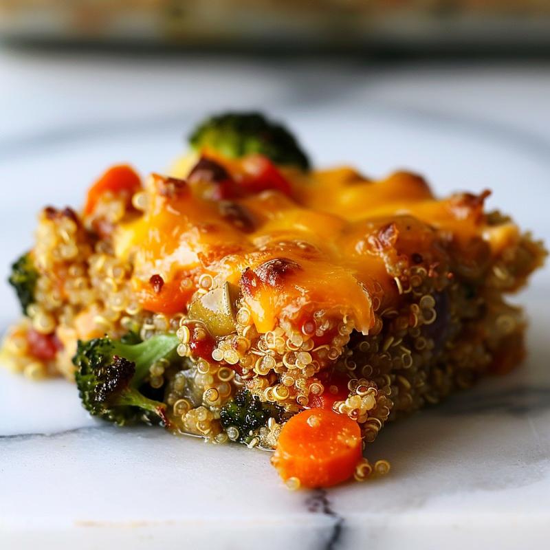 Close-up view of a cheesy veggie quinoa casserole highlighting its creamy texture and colorful vegetables.