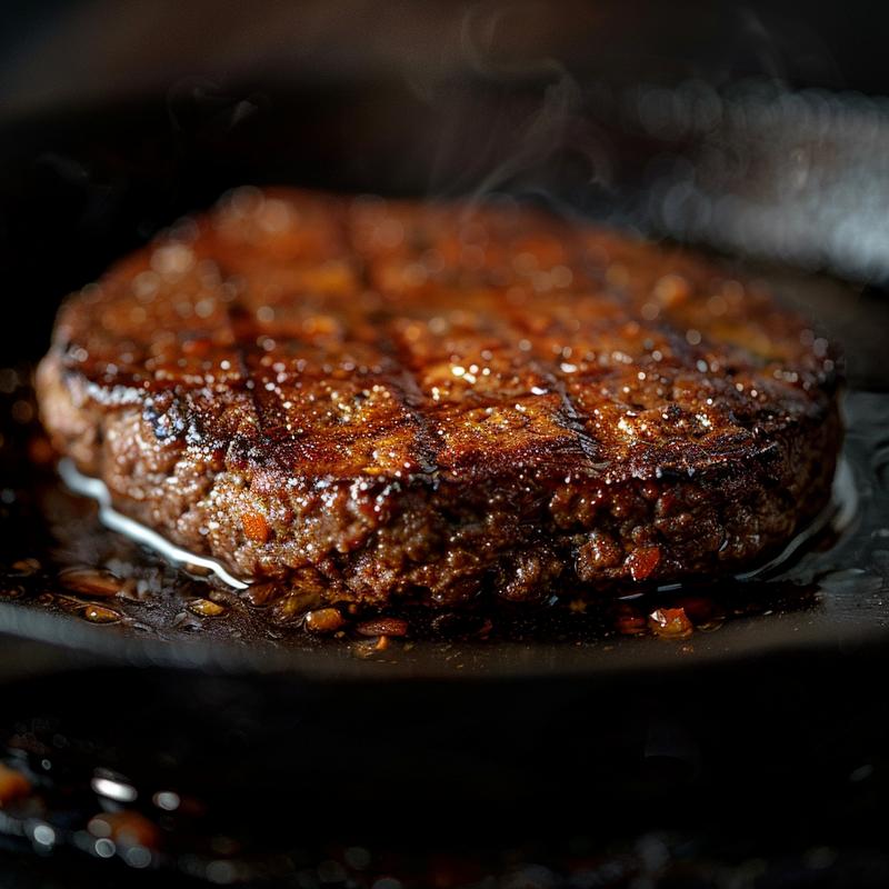Close-up of a keto hamburger on a cast iron surface, showcasing rich textures and shadows.