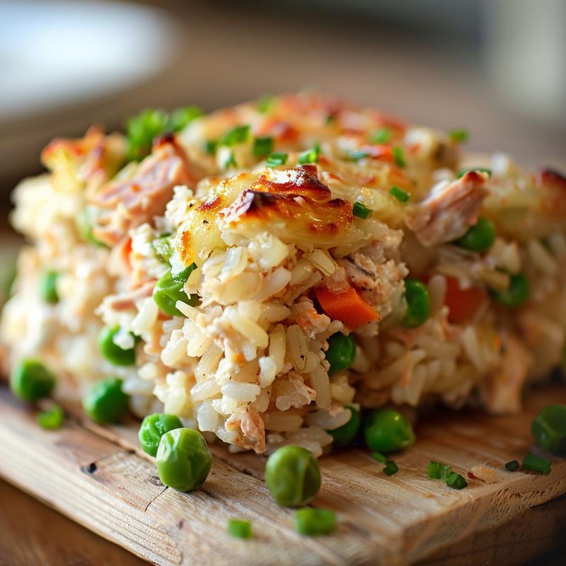 Close-up of a creamy tuna rice casserole on a light wood board.