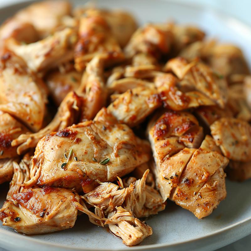 Close-up of a portion of shredded chicken on a light grey ceramic plate.