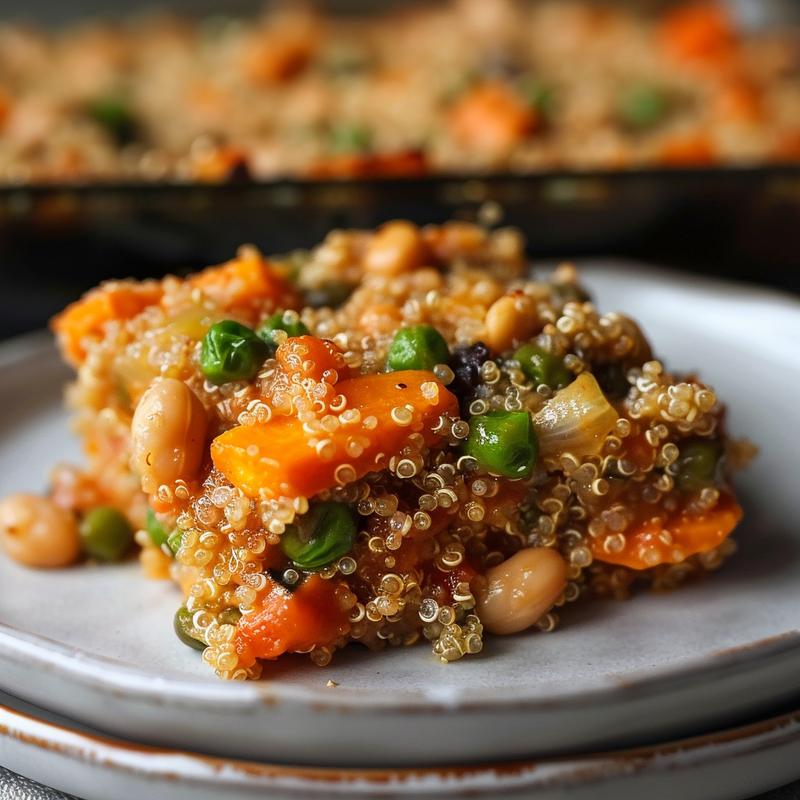 Close-up of a colorful veggie packed quinoa casserole on a light grey ceramic plate.