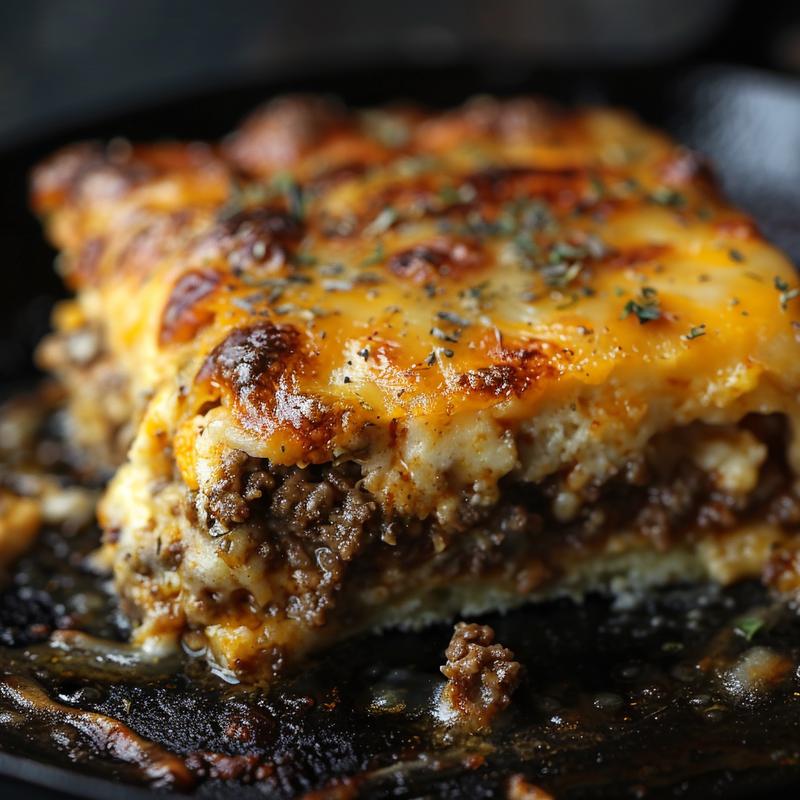 Close-up of a rustic cast iron surface featuring a variety of low-carb ground beef dishes, beautifully lit with moody shadows.