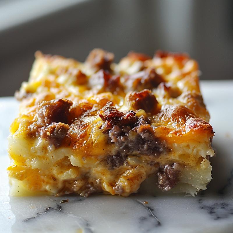 A close-up shot of a delicious chicken casserole portion on a marble surface.