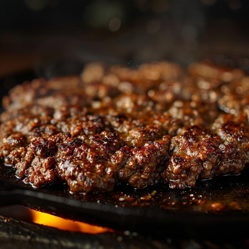 Close-up of a ground beef and potatoes casserole presented on a cast iron surface.