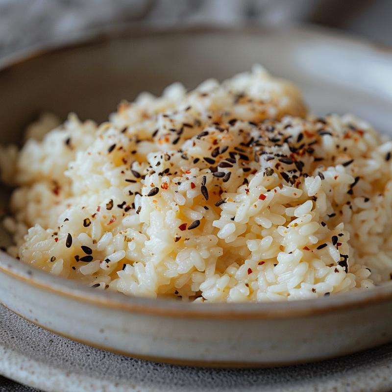 A close-up shot of a creamy, flavorful risotto served in a light grey ceramic plate.