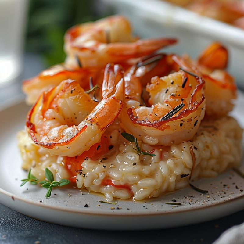 Close-up of a creamy baked shrimp risotto served on a light grey ceramic plate.