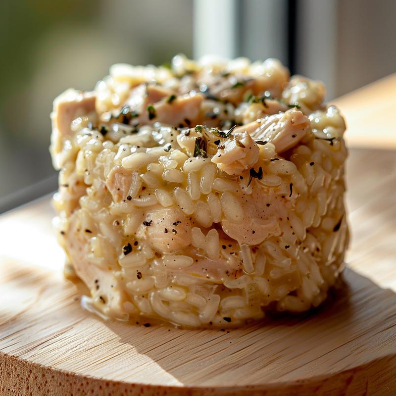 Close-up of creamy oven-baked chicken risotto on a wooden board.
