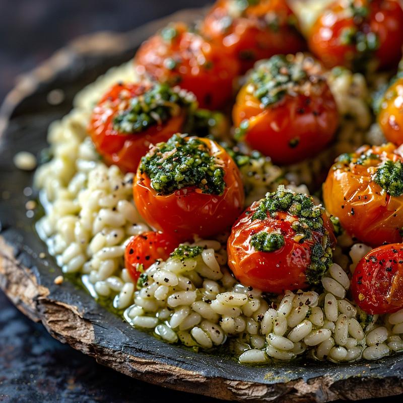 Close-up of creamy pesto risotto topped with roasted tomatoes on a rustic slate plate.