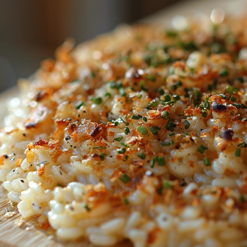 Close-up shot of baked risotto served on a light wood board.
