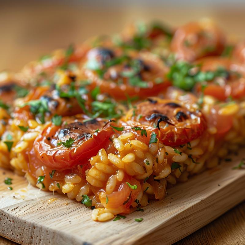 Close-up of a creamy baked tomato risotto on a wooden board.