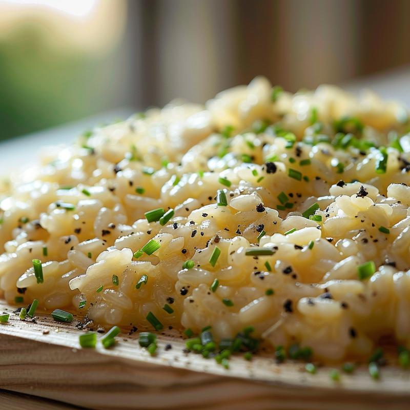A close-up view of a portion of baked risotto on a wooden board, showcasing its creamy texture.