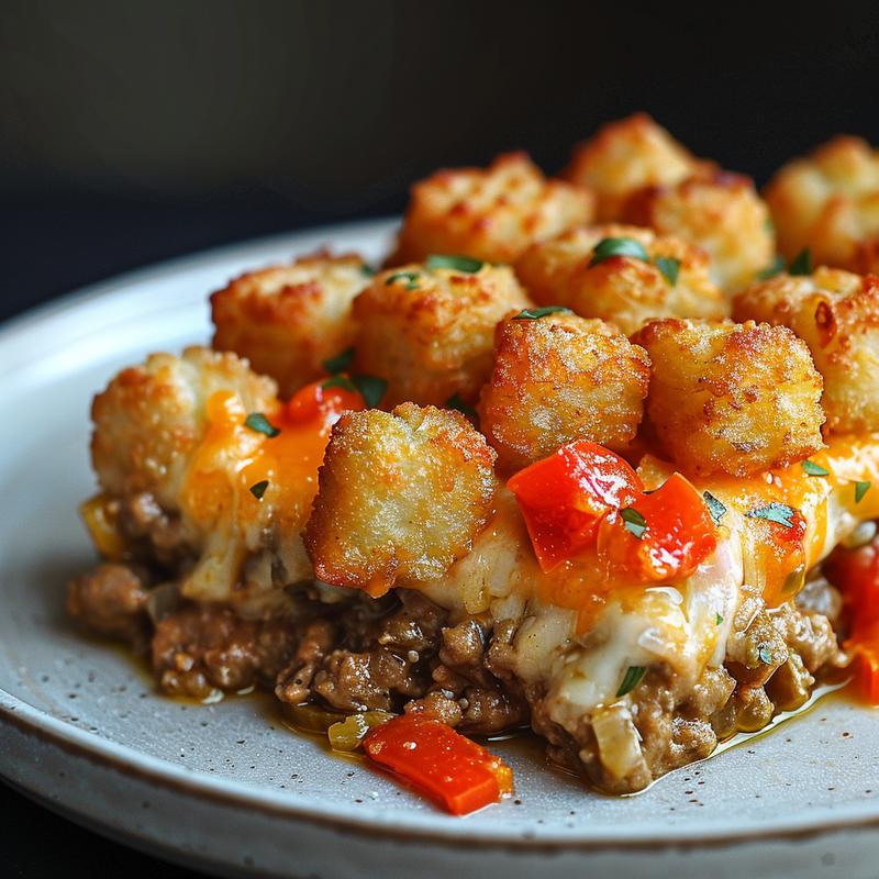 Close-up of a vibrant casserole on a light grey plate, showcasing various textures and colors.