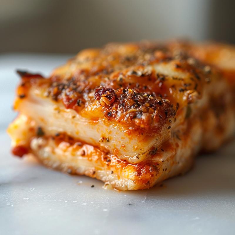 Close-up of a creamy low carb chicken casserole with a golden crust on a marble surface.