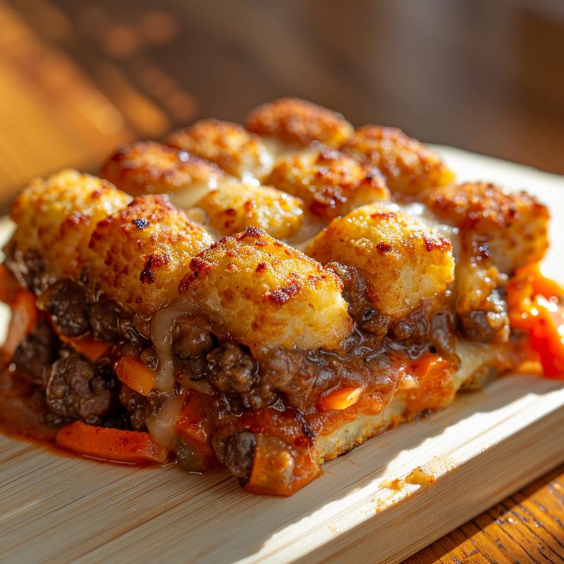 Close-up of a creamy cauliflower casserole on a light wood board, showcasing its texture.