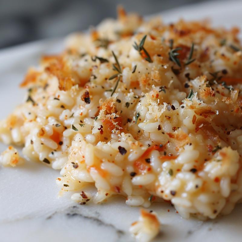 Close-up of a creamy, oven-baked risotto on a white marble surface.