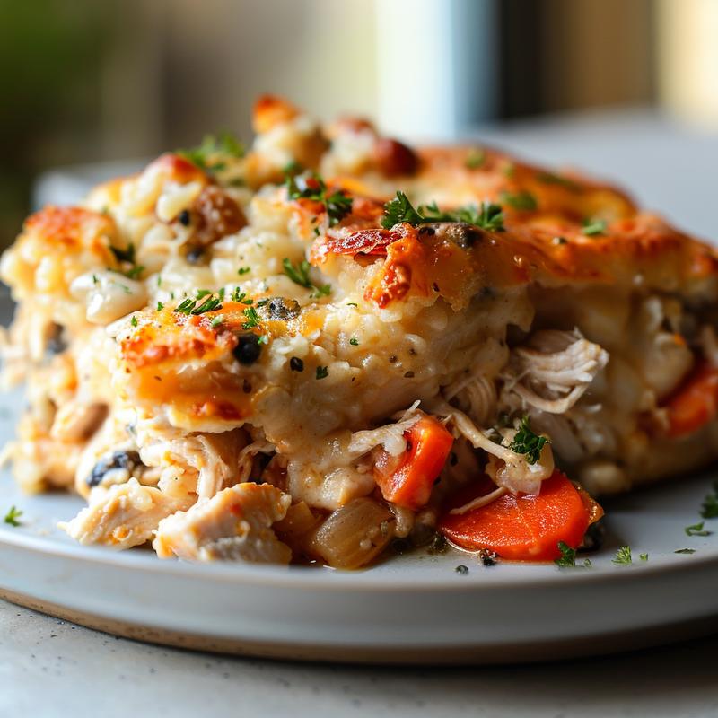 Close-up of a portion of rotisserie chicken casserole on a light grey ceramic plate.