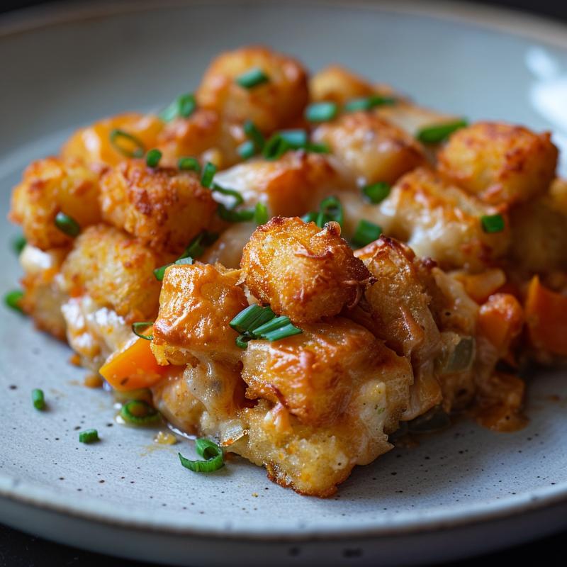 Close-up of a serving of tater tot casserole on a light grey ceramic plate.