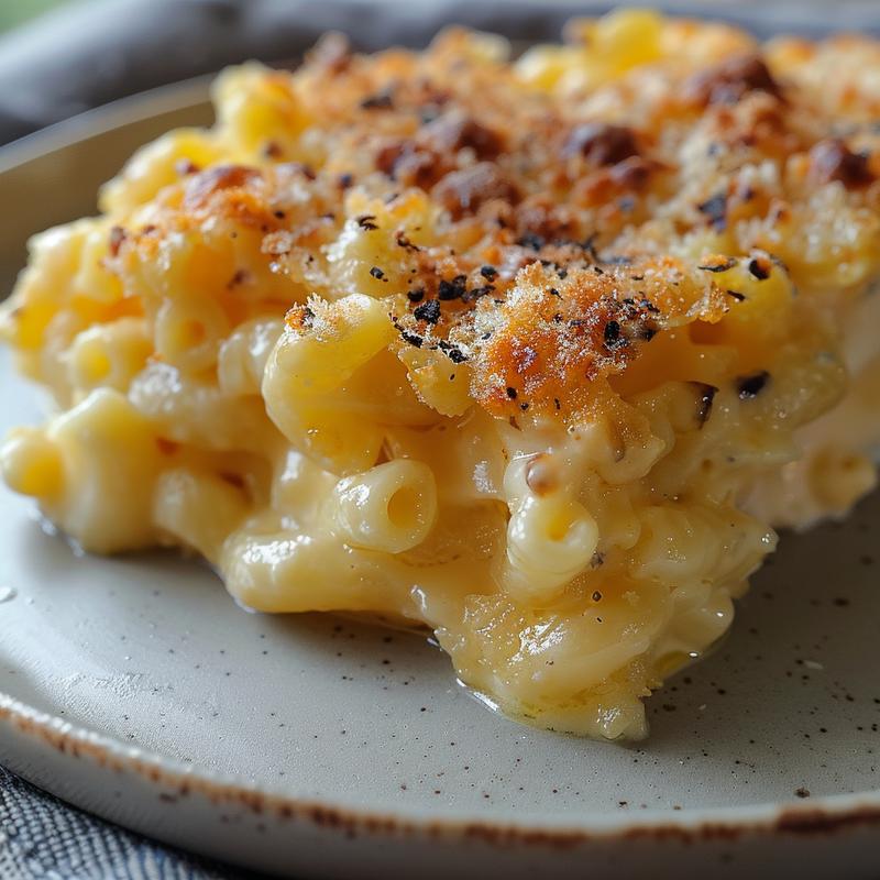 Close-up of creamy five cheese mac and cheese on a grey plate, showcasing rich textures.